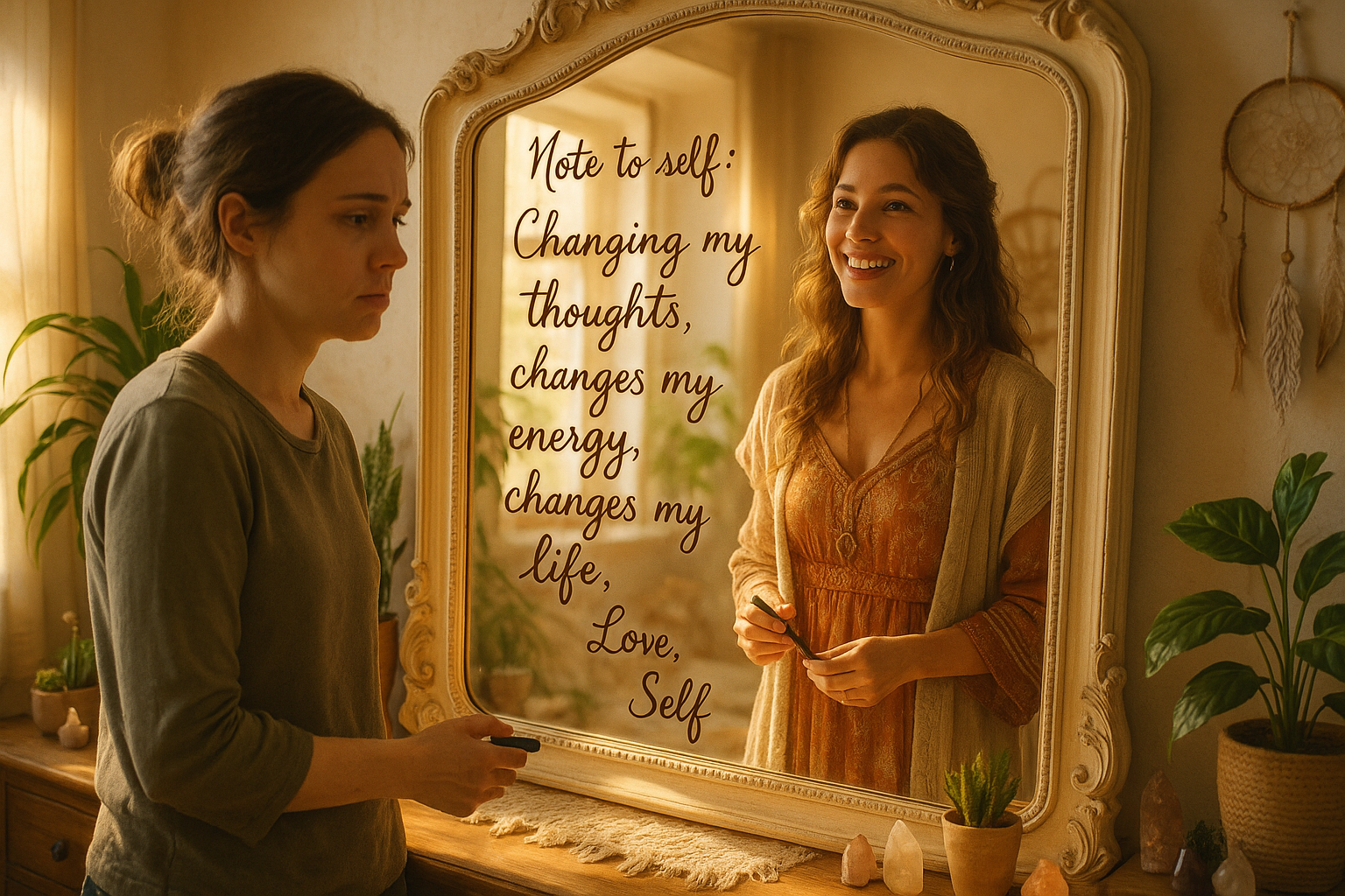 love can we put a Note to self on the mirror and have a marker in her hand with love Self at the end of the affirmation 
